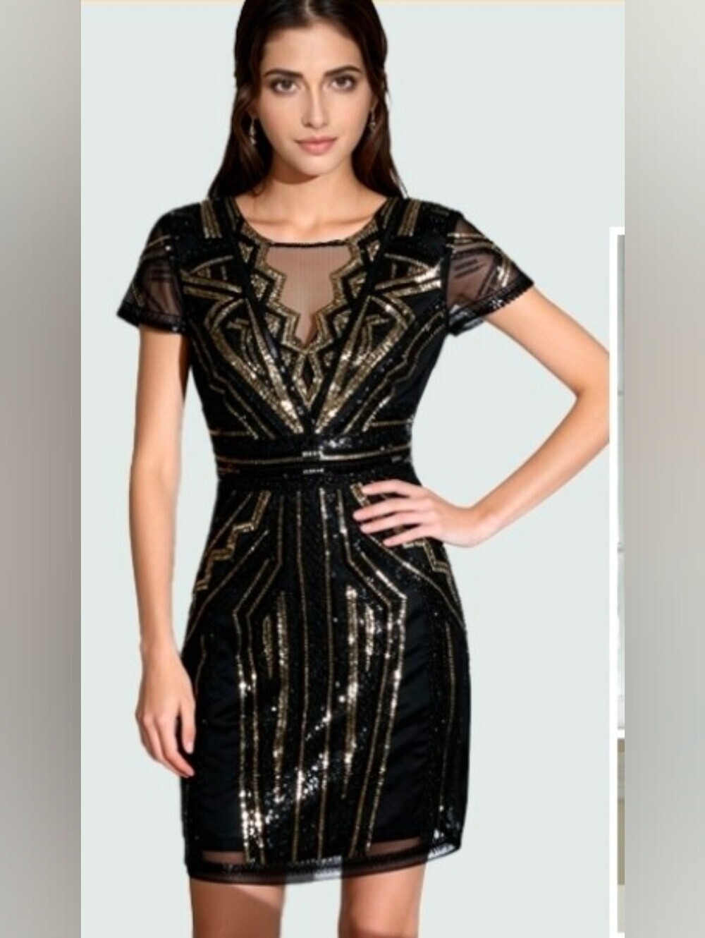 Black & Gold Sequin Short Sleeve Dress - Elegant Cocktail Dress